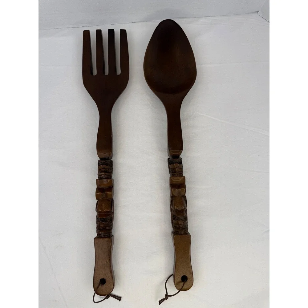 Vintage Hand Carved Wooden Tiki Totem Salad Serving Set‎ Fork Spoon Wall Decor